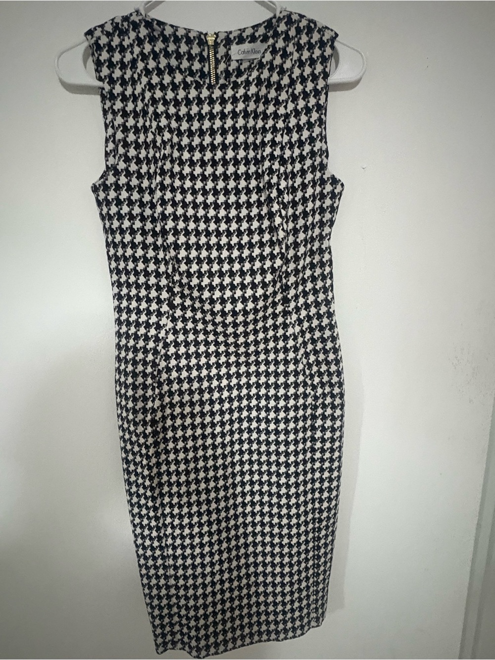 Calvin Klein Black and White Houndstooth Midi Sheath Dress